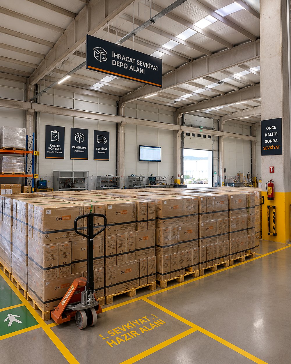 İhracat sevkiyat depo alanında paketlenmiş Oxivent ürünleri