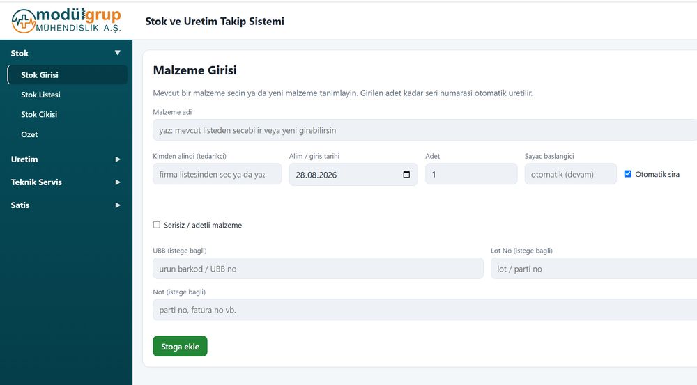 Stok ve Üretim Takip Sistemi ekran görüntüsü